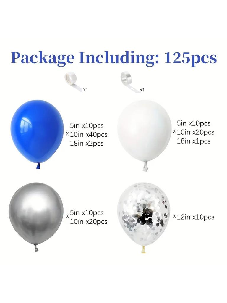 125Pcs blue, white, silver latex balloon set suitable for birthday parties, weddings, Valentine's Day party decorations