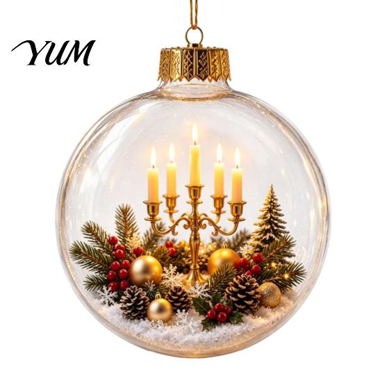 Transparent Christmas Tree Decor 3D Acrylic Faux Crystal Ball Ornament, Lighted Reindeer Sleigh Luminous Ornaments Snow Scene Hanging for Tree,