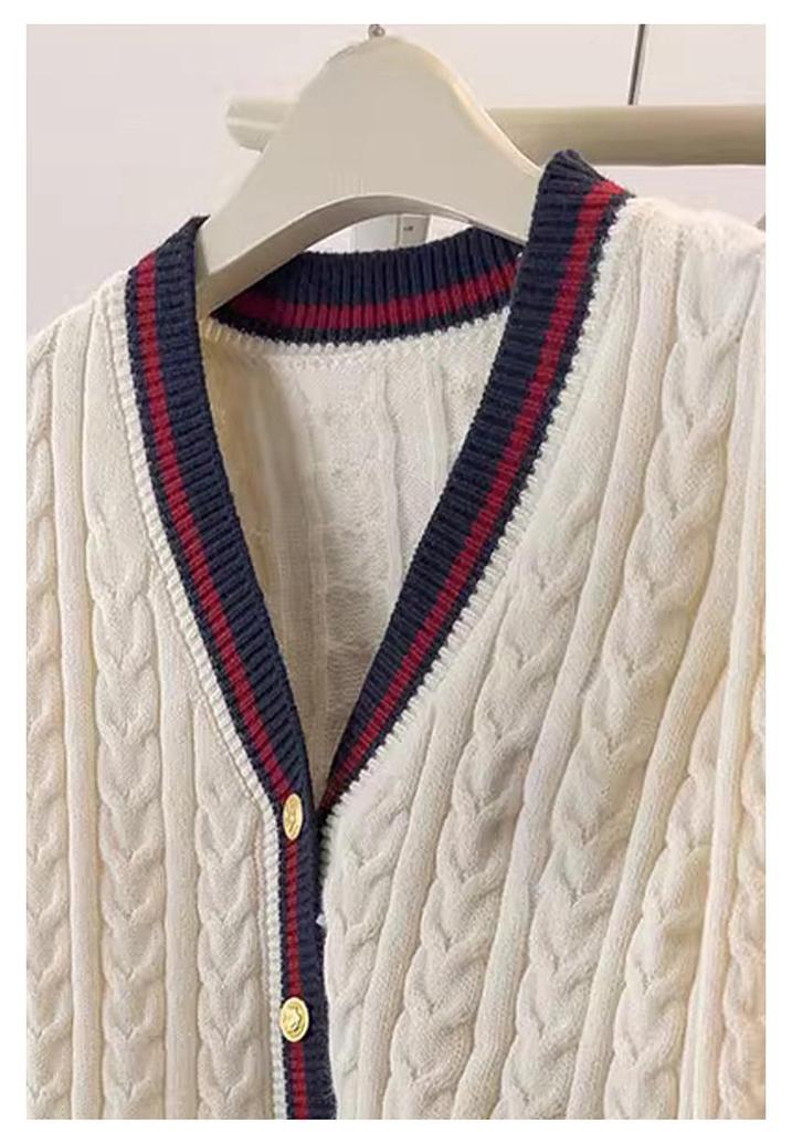 College Style V-Neck Color Block Wool Cardigan Women's Slimming Cable Knit Sweater Coat