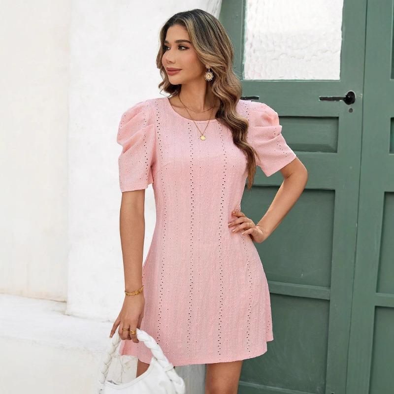 

Женское летнее платье с манжетами и круглым вырезом, простое, щедрое S розовый