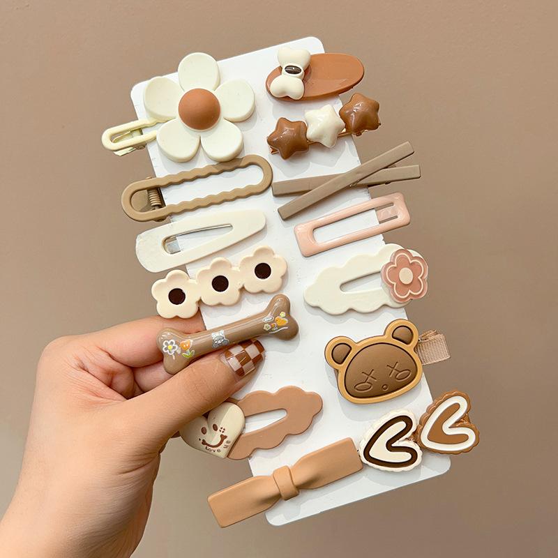 14-piece hairpin set Ladies Coffee color series cute hairpin set bow Bear side clip hair accessories