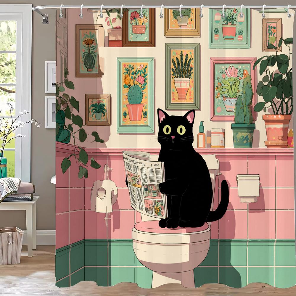 Modern Plant and Cartoon Cute Cat Shower Curtain, Bathroom Decorative Shower Curtain, Printed Polyester Home Curtain with Hooks