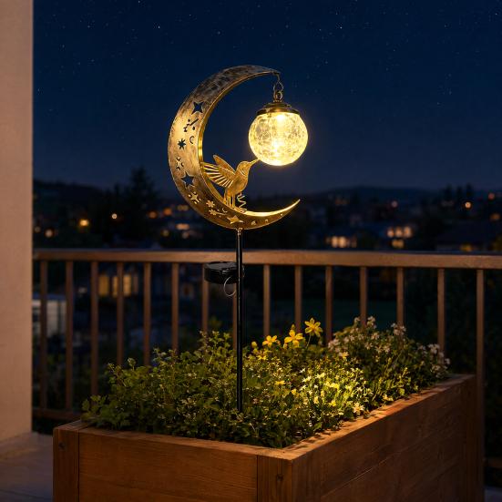 Solar Moon And Hummingbird Garden Light, Outdoor Cracked Glass Ball Stake Lamp for Yard, Waterproof Automatic LED Lighting for Patios Lawns