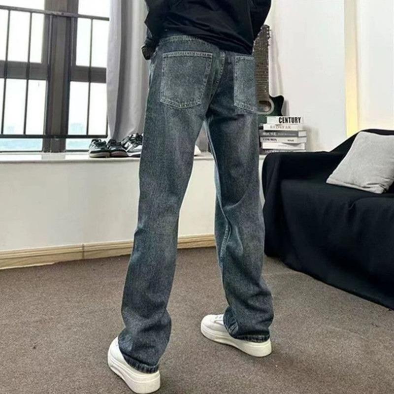 Men's Vintage Washed Straight Leg Baggy Jeans High Waist Casual Denim Pants