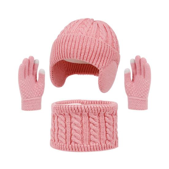 3Pcs/Set Kids Hat Scarf Gloves Set Colorful Twist Texture Hat Thickened Plush Lining Neck Gaiter Knitted Gloves Set