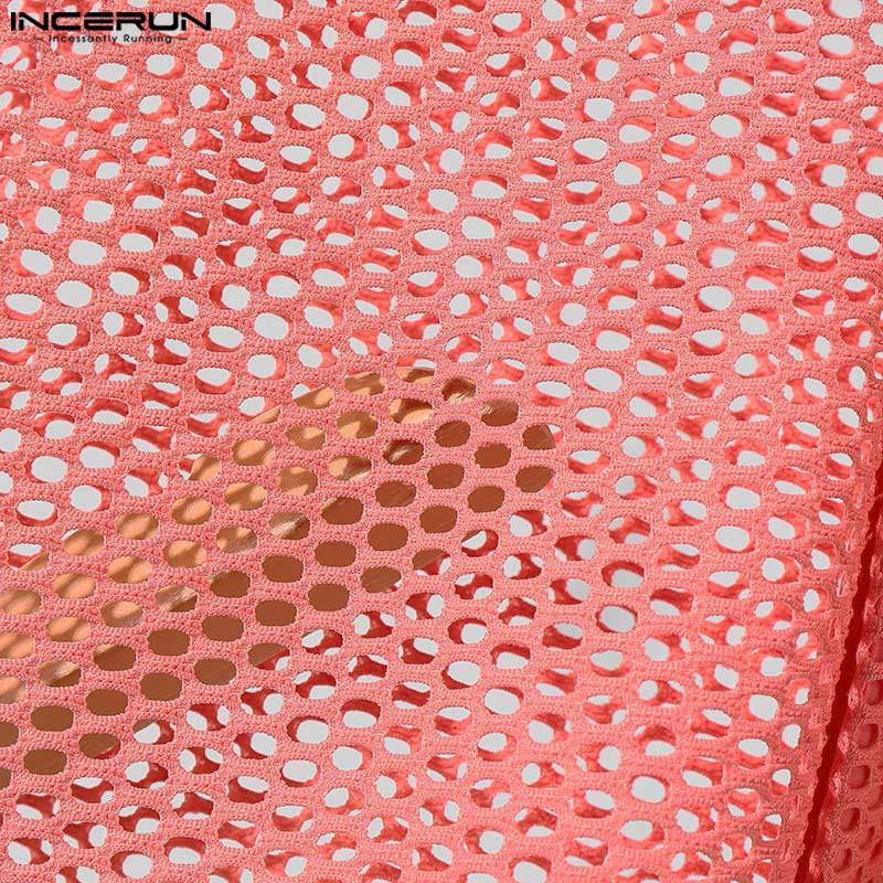 INCERUN Letní pánská trička s klopou, krátkým rukávem a dutým designem na pláž