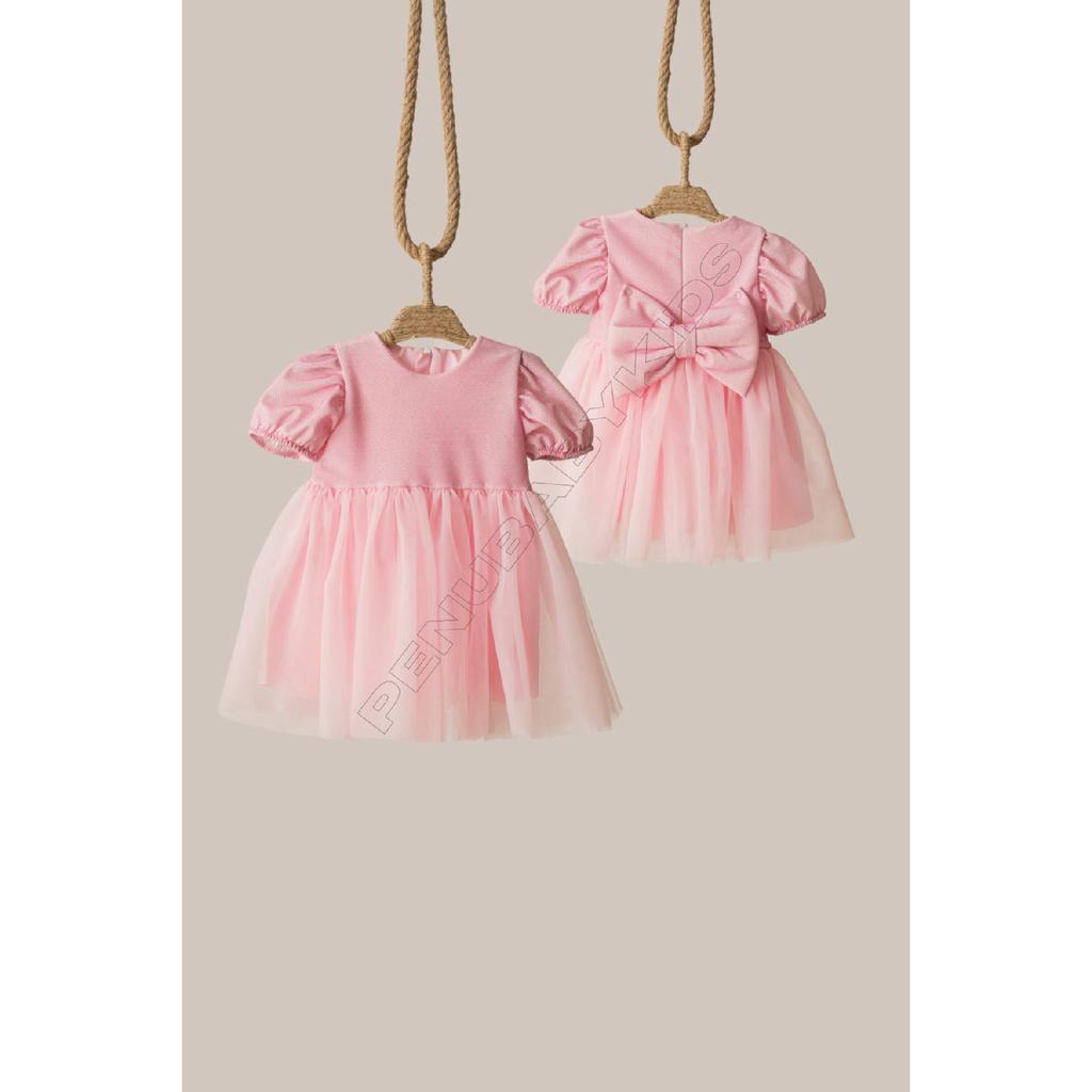 Rosa kurze Ballon-Stoffärmel, detailliertes Tutu-Tutu-Kleid für Babymädchen