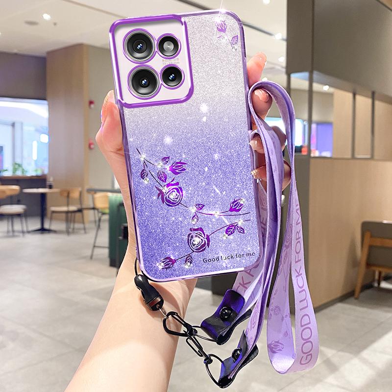 KADEM For Motorola Edge 50 5G Case Flower Pattern TPU Gradient Phone Cover with Lanyards