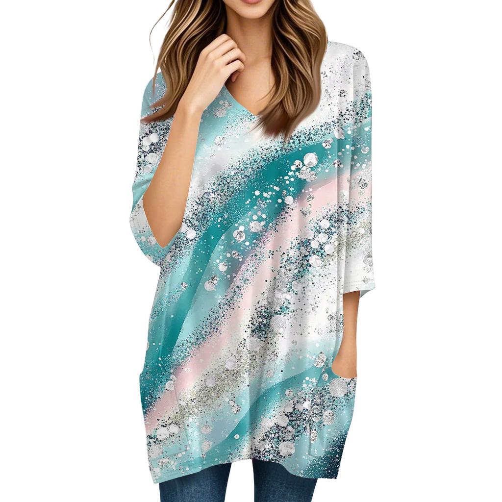 Lässige 3/4-Ärmel-Shirts für Damen, modischer Aufdruck, Tunika-Oberteile mit Taschen