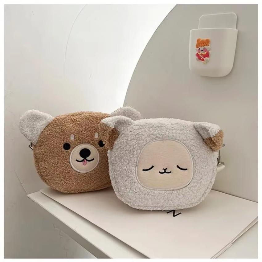 1 Pcs Cartoon Plush Small Bag Little Bear Sheep Mobile Wallet Women's One Shoulder Cute Round Bag Zipper Chain Bag