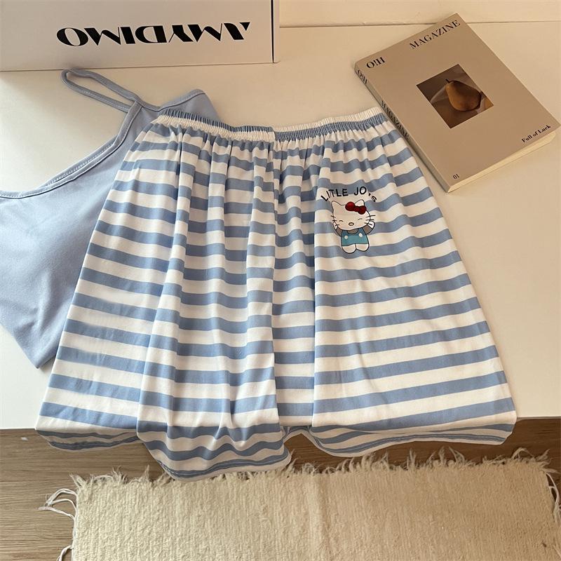Cute Korean Style Women's Short-Sleeved Camisole Pajama Set with Chest Pads, Imitation Cotton