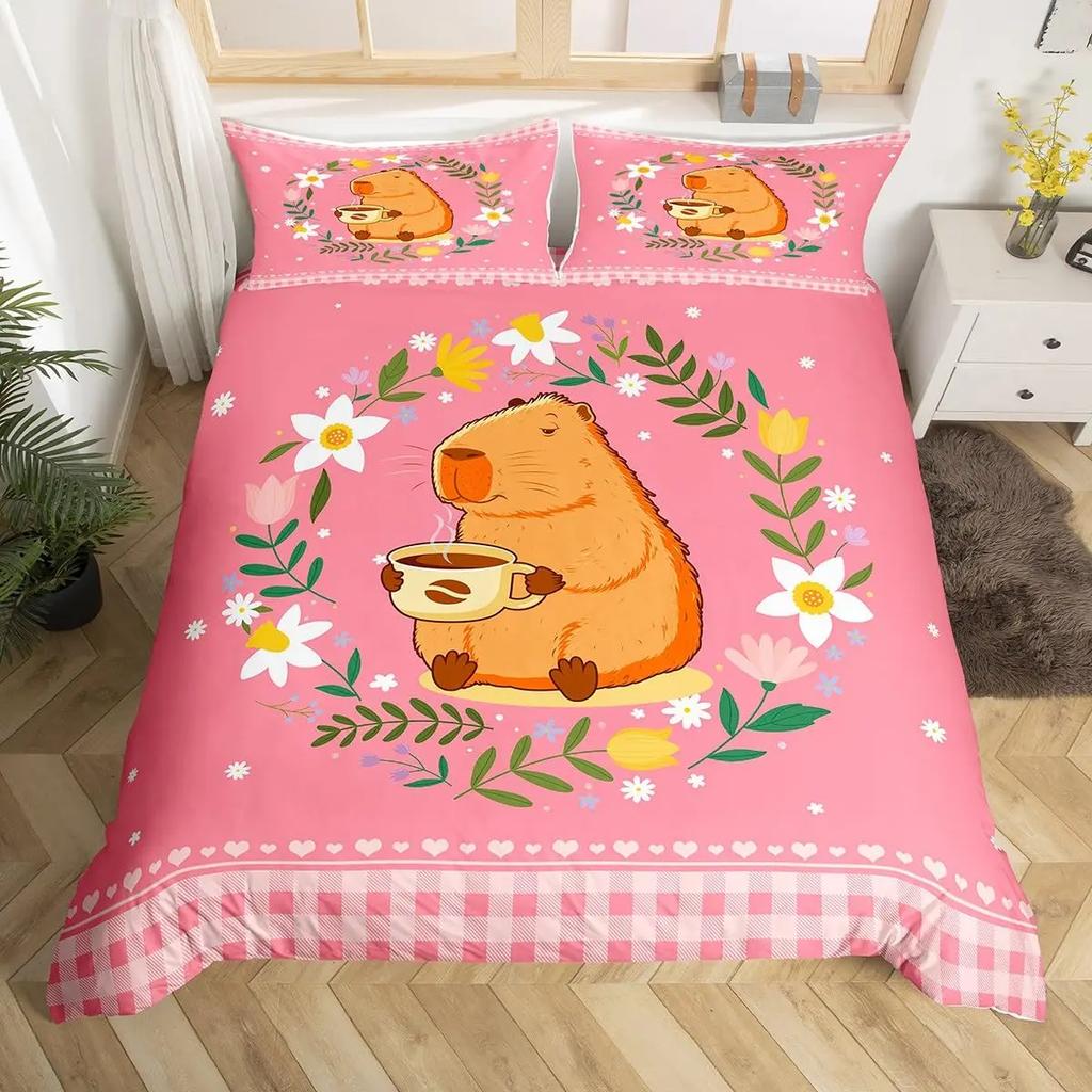 Cute Capybara Print Bedding Sets Full Kawaii Honey Bee Comforter Cover,Cartoon Animals Bed Set Red Love Heart Print Duvet Cover