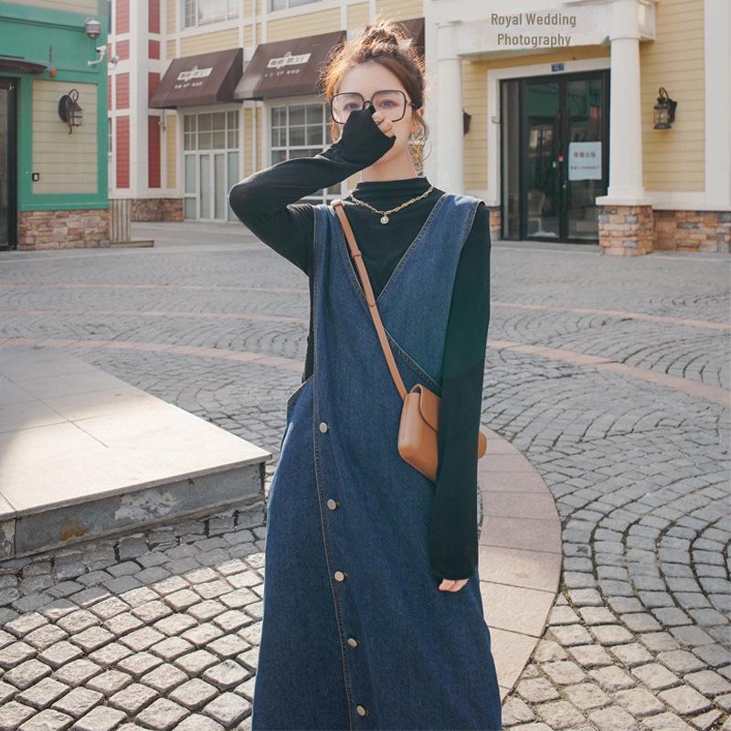 

Женское джинсовое платье без рукавов французского дизайна 2021 года: Длинная юбка на бретелях для похудения на весну и осень Extra Large