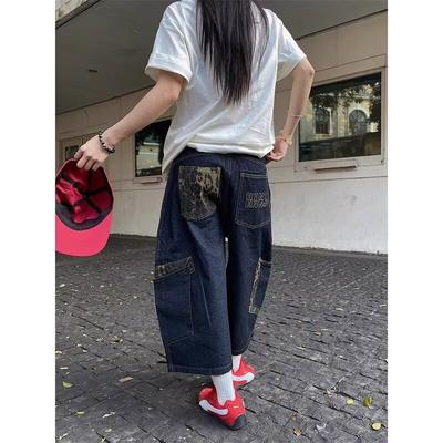 New Leopard Print Splicing Multi-pocket Blue Jeans Women's Loose and Thin Scimitar Straight-leg Pants