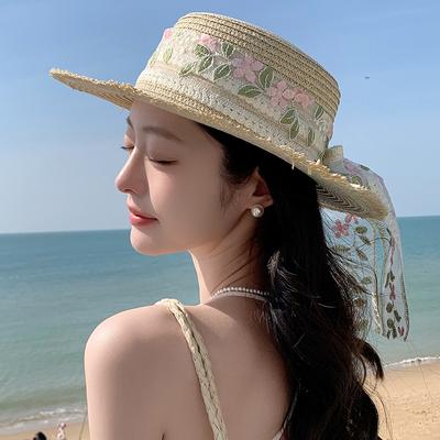 Summer Flat Topped Straw Hat with Ribbon Bow Sun Hat Women's Seaside Big Brimmed Sun Hat