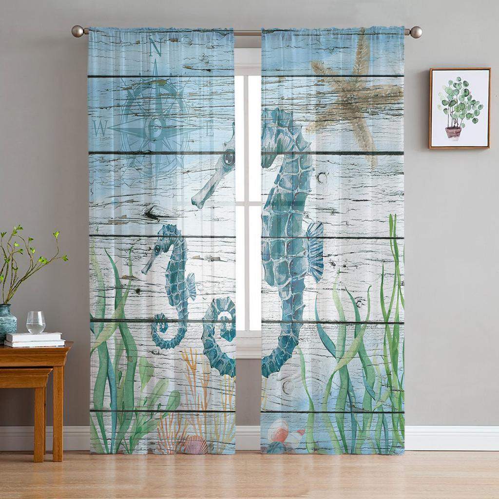 Marine Animal Hippocampus Seaweed Compass Tulle Curtain Voile Transparent for Bedroom Living Room Kitchen Sheer Window Curtains