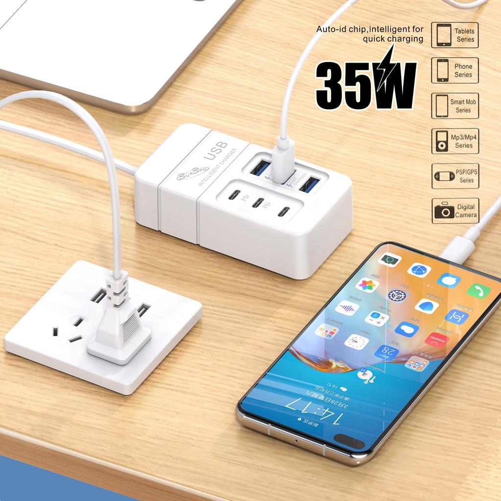 35W Multi-port Charger USB PD Fast Charge Quick Wall Chargers USB3.0 TypeC Adapter Mobile Phone EU US UK Plug USB Type C Charger