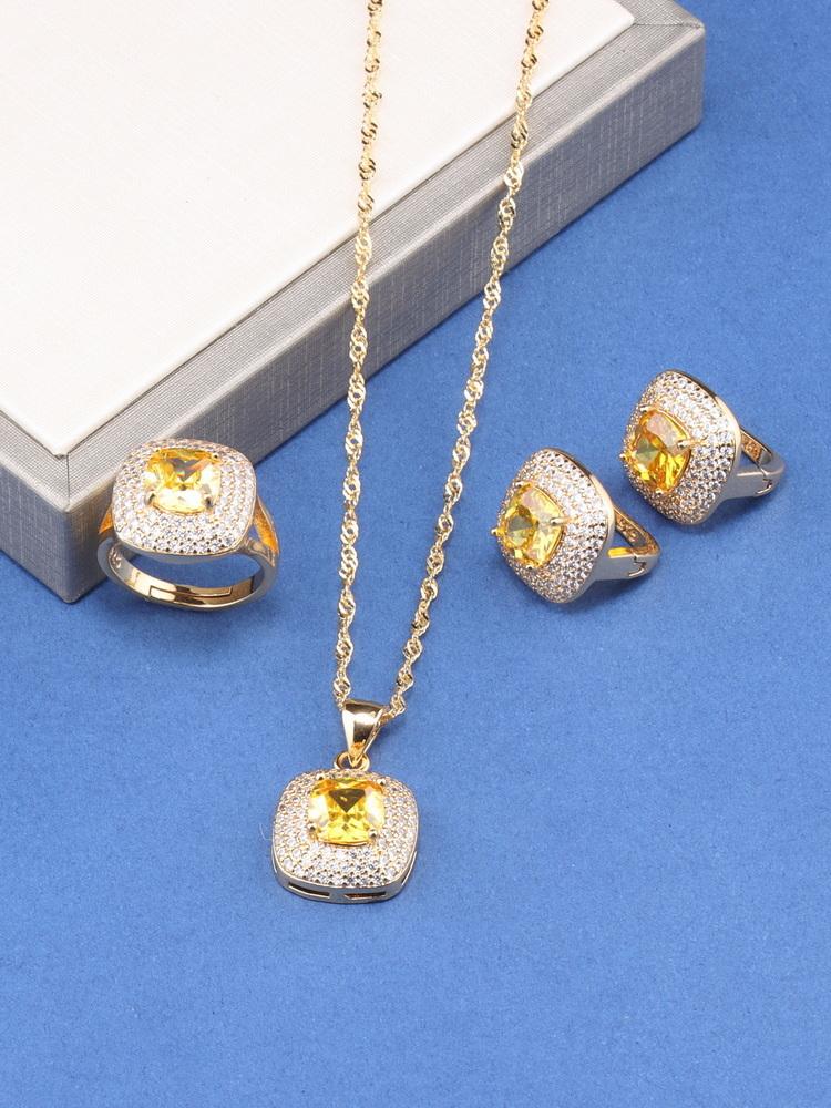 Charm Square Italy Brazil Jewelry Accessories  Gold Plated Bridal Wedding Sets Necklace And Earrings Ring For Women Gift
