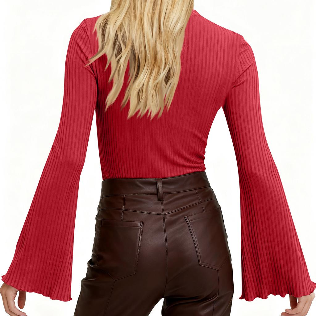 Dámský módní jednobarevný top s dlouhým rukávem a rozšířenými rukávy