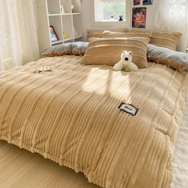 4PCS/set Thick Solid Color Velvet Duvet Cover Winter Warmth Bedding Set Double Quilt Cover Twin Queen King Comforter Cover