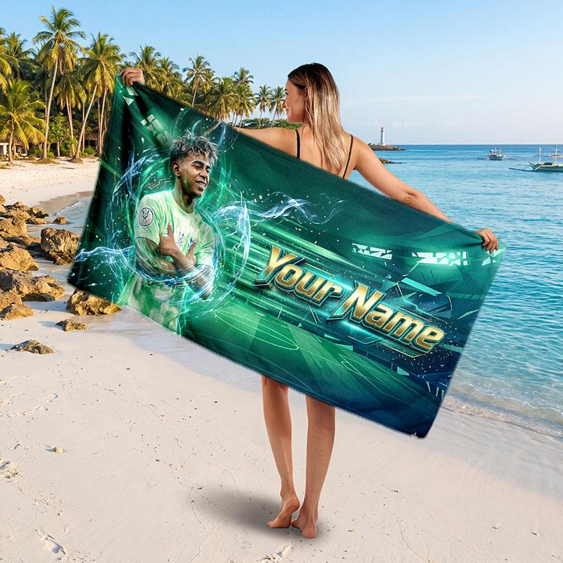 Lamine Yamal Personalizowany Ręcznik Plażowy, Nadruk z Imieniem, Miękki Szybkoschnący Ręcznik z Logo Piłkarskim, Prezent Wakacyjny
