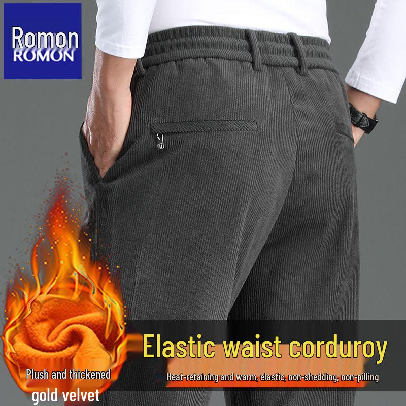 Romon Men's Fleece-Lined Corduroy Pants, Thickened Elastic Waist, Autumn/Winter Warm Casual Style.