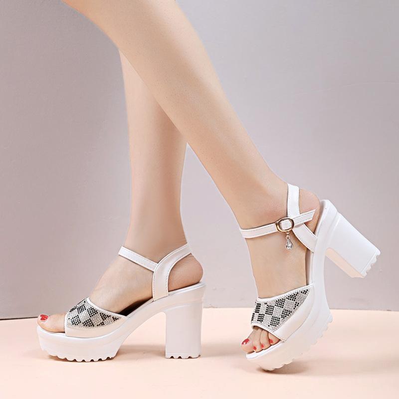 2025 New Exquisite Women's High Heel Sandals Summer Versatile Water Diamond Fashion Sandals Coarse Heel Thin Strap Women's Shoes