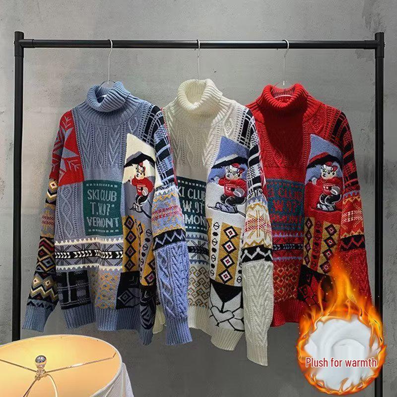 Men's Winter Plus Velvet Thick Knit Hong Kong Style Christmas Sweater - Loose Trendy Design for Couples