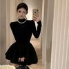 Classic Black Knit Long Sleeve Dress With Flared Skirt For Business And Casual Wear