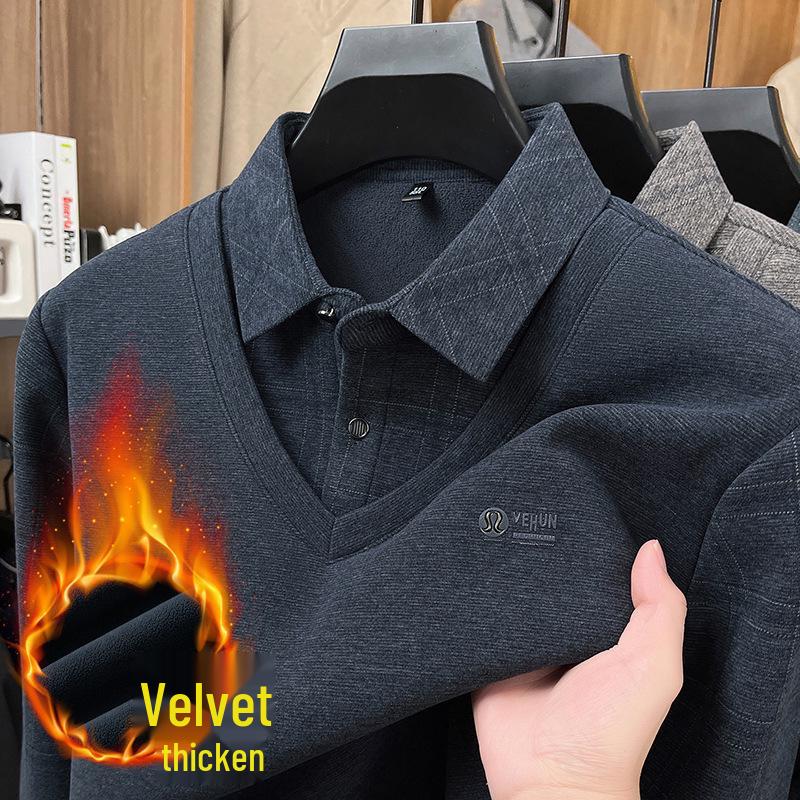 Dicker Samt-Strick-Pullover mit Revers für Männer mittleren Alters und ältere Männer - Stilvoller Zwei-in-Eins Winterpullover