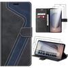 Coque Rabat - BOOLING - Pour Samsung Galaxy S25 Ultra - Cuir PU Noir Bleu Marine - 2 Verres Trempés