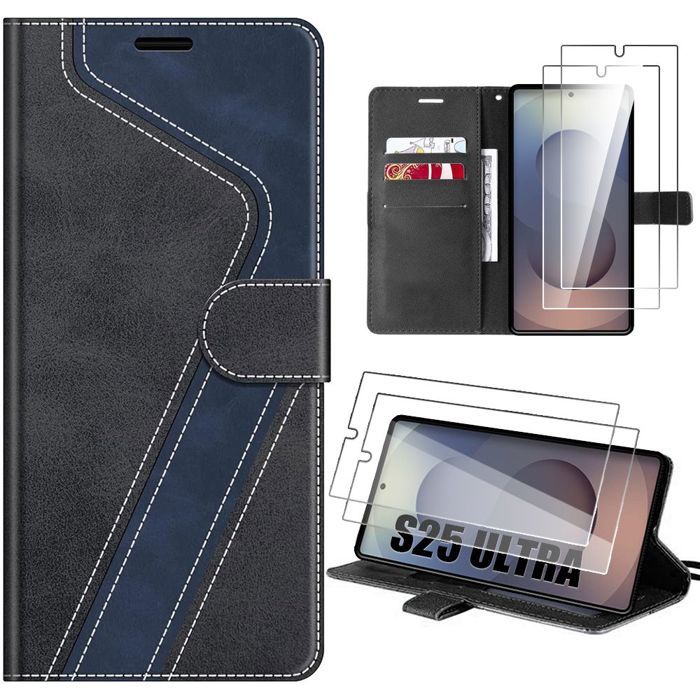 Coque Rabat - BOOLING - pour Samsung Galaxy S25 Ultra - Cuir PU Noir Bleu Marine - 2 Verres Trempés