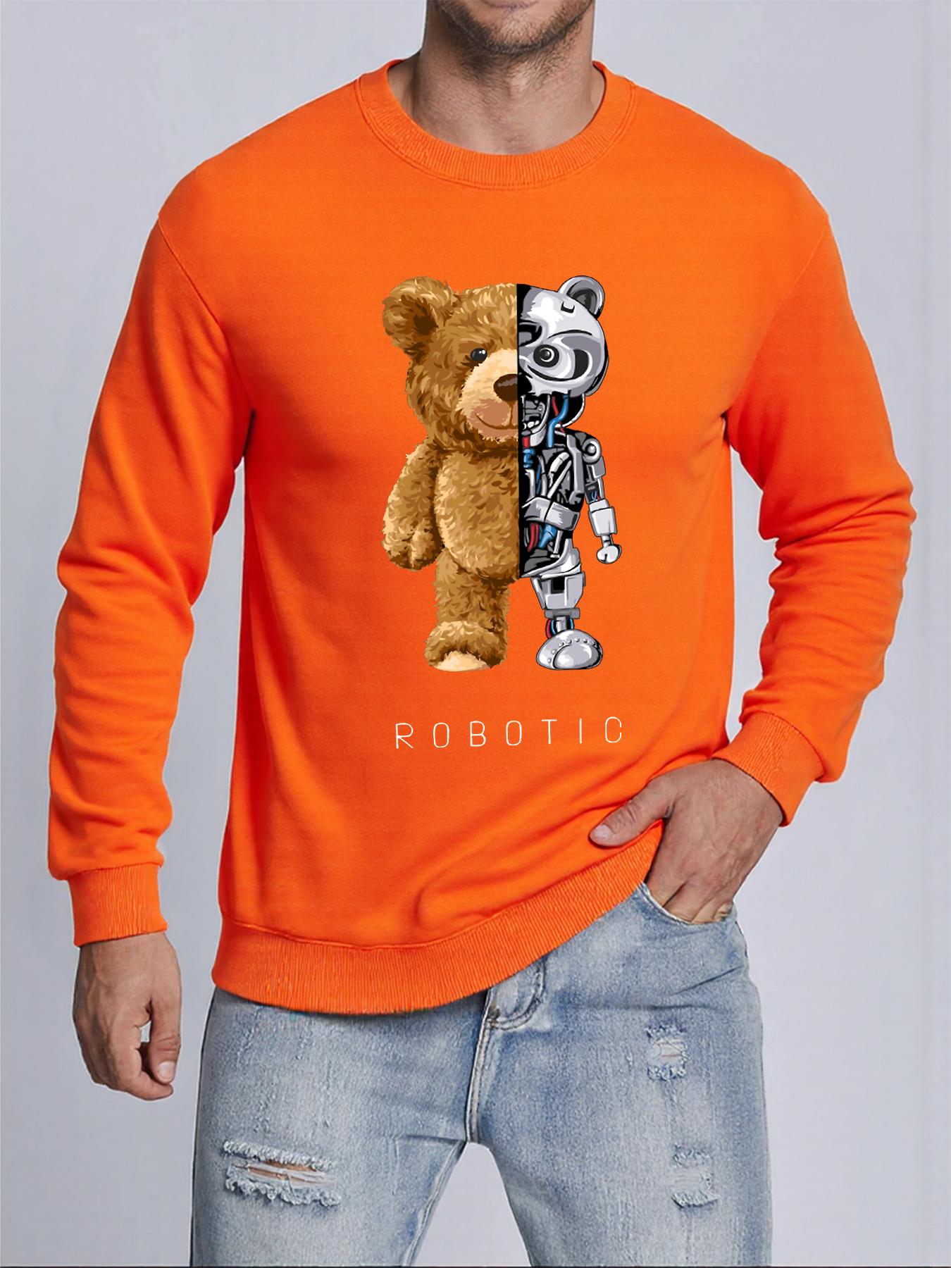 

Plush And Robotic Bear Printed Mens Pullovers Autumn Casual Sweatshirt Comfortable Y2K Sportswears Hot Sale Casual Sweatshirts S помаранчевий
