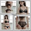 RAVIR Underwear Bra and Panty Eyelash Classic C75 Women's Set, Lace, See-Through, Embroidered, Black, (Panties L)
