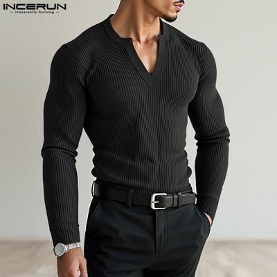 Autumn Spring Men's Solid Color Long Sleeve Rib Loose Pullover Tops
