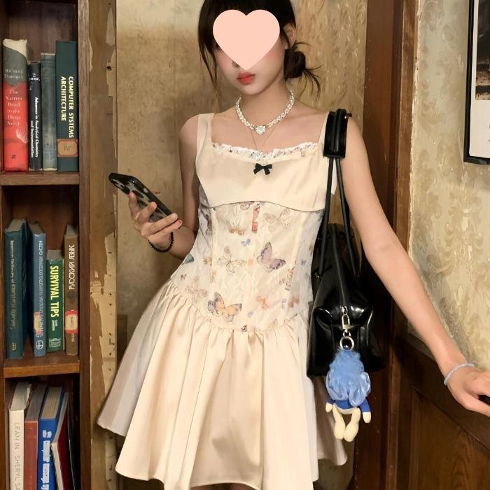 

Summer unique beautiful butterfly lace fish bone sexy waist thin pure desire wind suspender dress a word skirt women XL
