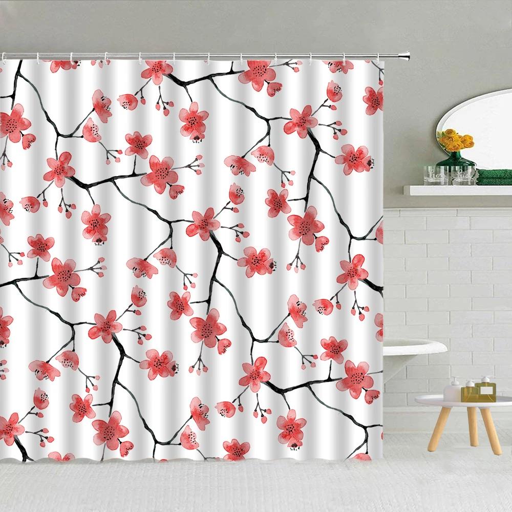 Floral Shower Curtain, Spring Nature Theme Cherry Blossom Bathroom Decor Polyester Fabric Waterproof Bath Curtain with Hooks