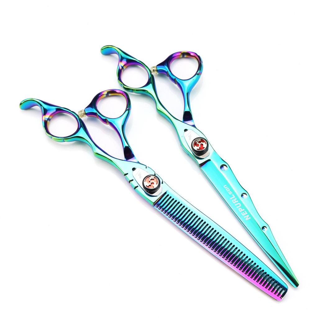 7.0-inch Green Nape Son Blade Hairdressing Scissors with Serrated Thinning Blade and Holes