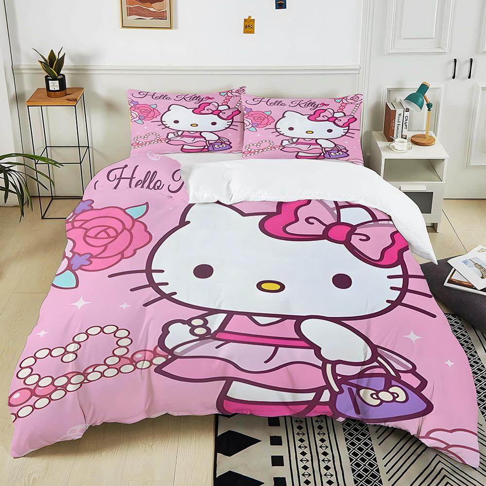 Cute Sanrio Friends Print Bedding Sets Hello Kitty Melody Cinnamoroll Bed Cover Duvet Cover Pillow Case 2-3 Pieces Sets