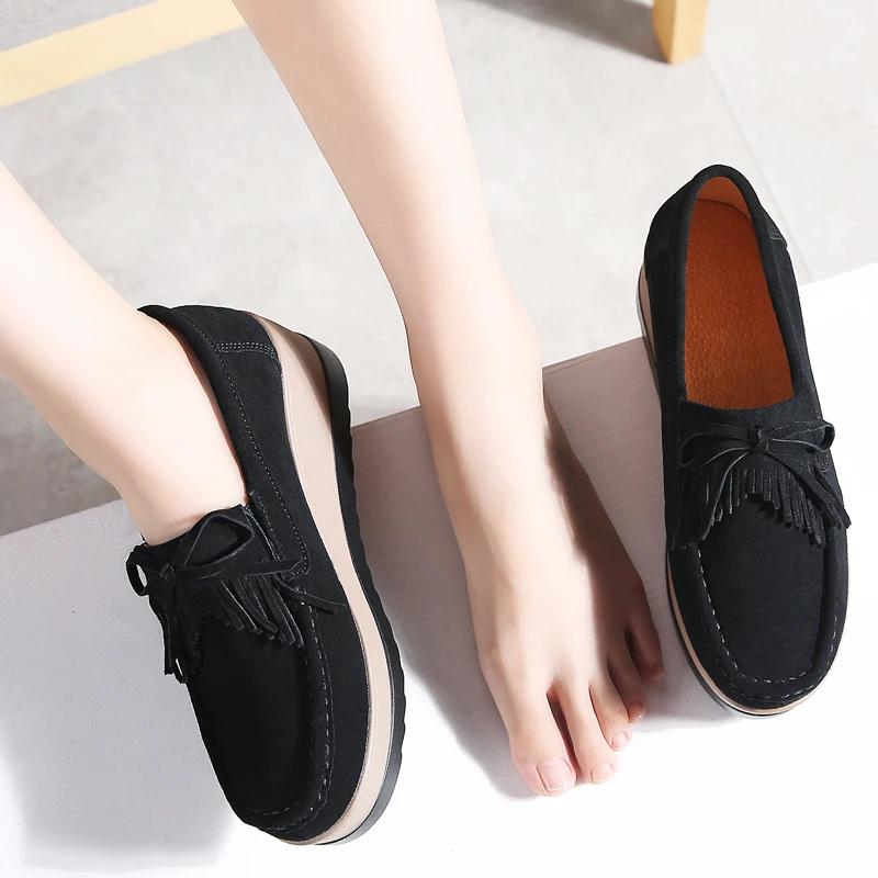 Autumn Women Platform Shoes Leather Suede Plush Slip On Sneakers Chaussure Woman Tassel Fringe Loafers Women shoesE027