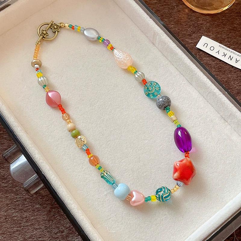 Dopamine Colorful Beads Choker Necklace for Women Ceramic Glass Star Heart Clavicle Chain Jewelry Gift