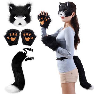 Faux Fur Cat Fox Maque Tail And Paw Gloves Set Handmade Furry Animal Therian Kit Masquerade Halloween Party Cosplay Costume Accessory