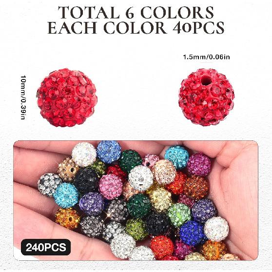 240pcs 24 Colors Rhinestone Beads for Crafts, Sparkle Round Clay Beads Crystal Disco Ball Clay Rhinestone Beads for DIY Jewelry Making Bracelet
