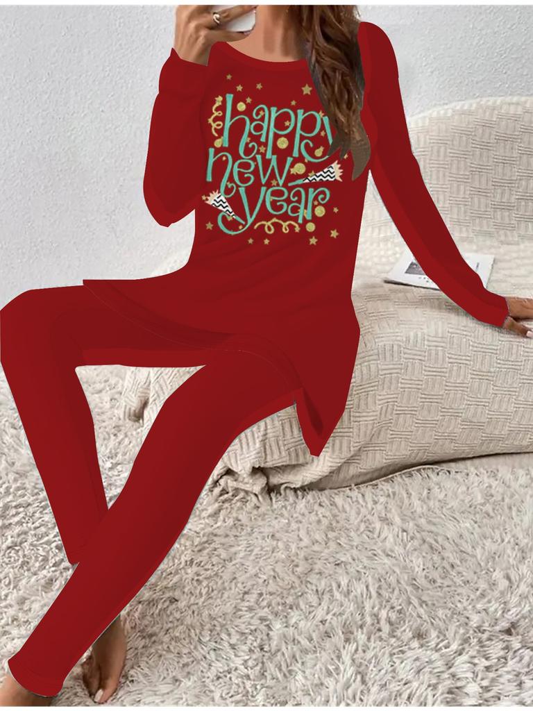 Euro-amerikanische Mode 3D Neujahrsdruck Damen Vier-Jahreszeiten Langarm-T-Shirt + Lange Hose Zweiteiliges Set. Das perfekte Geschenk für Neujahr