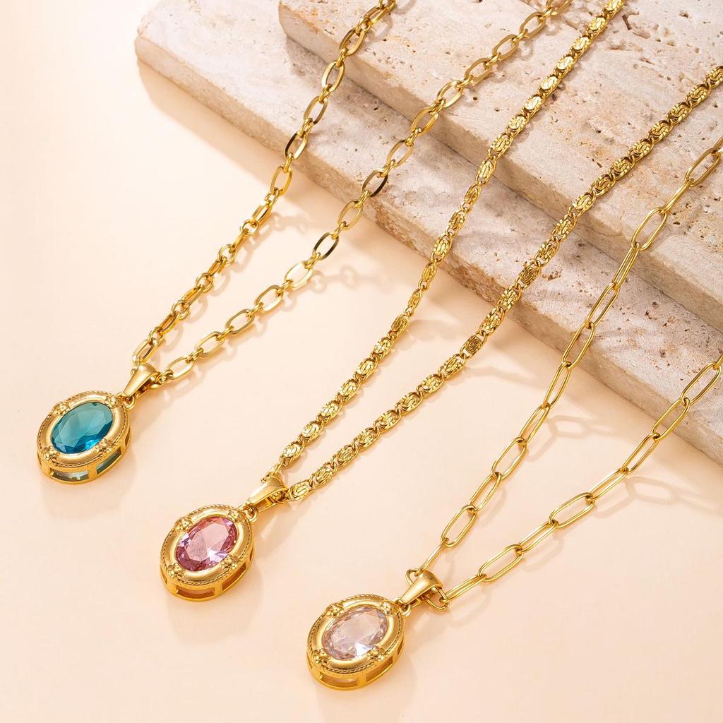 Natural Stone Zirconium Stainless Steel Necklace - Women's French Retro Clavicle Chain