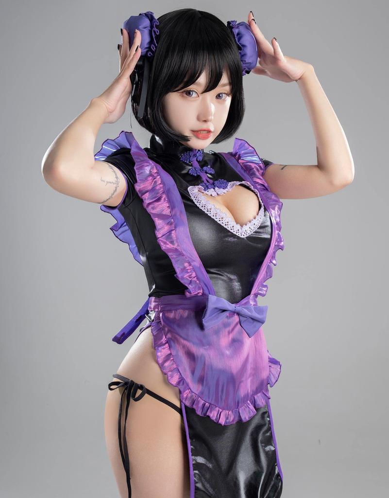 [Miccostumes] Adult Women's Costume Maid Cosplay Outfit Sexy Low-Cut Heart-Shaped China Dress Lingerie Set (L, Black & Purple)