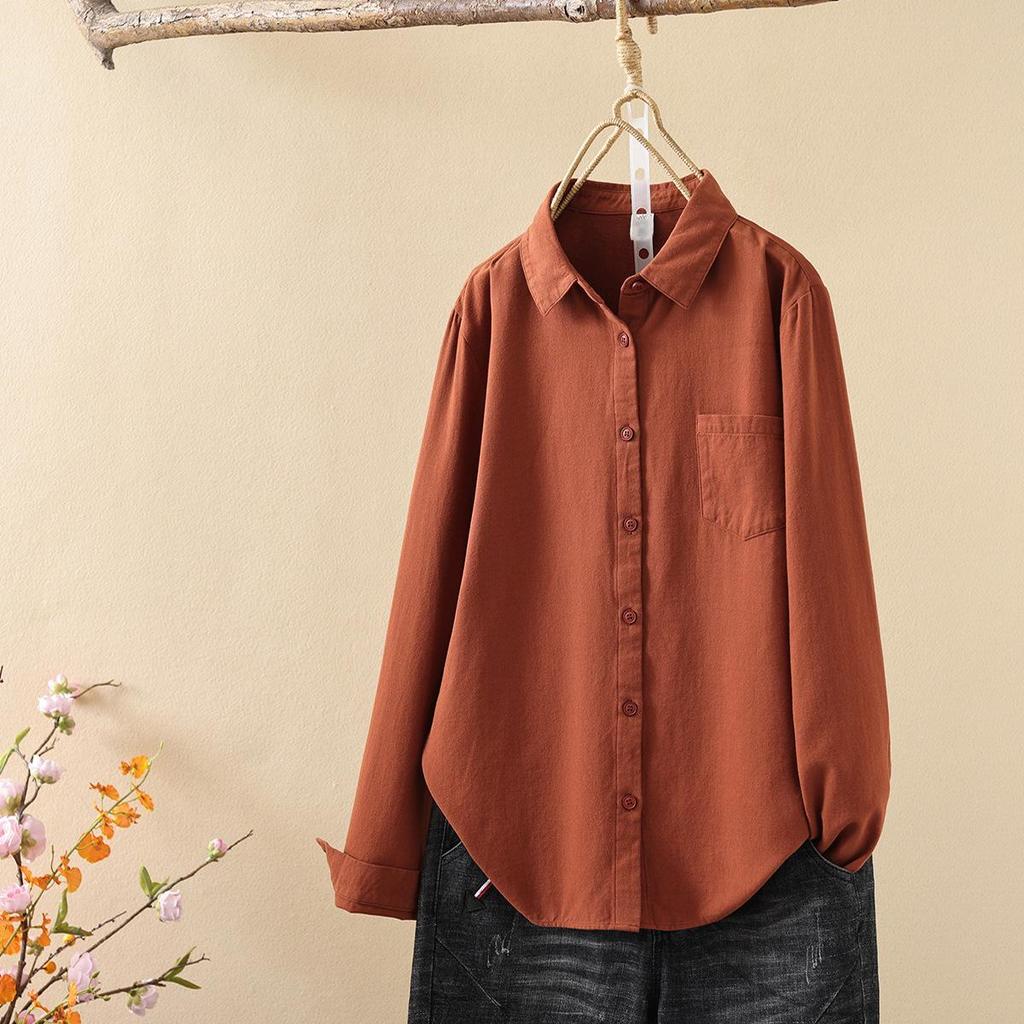 2026 Spring/Autumn Solid Color Brushed Cotton Long-Sleeve Unisex Japanese Casual Shirt