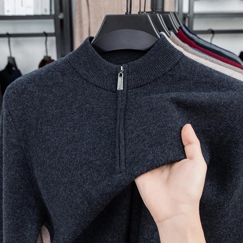 Solid Color 100 Wool Thickened Warm Half Zip Half Turtleneck Pullover Knit Sweater For Men