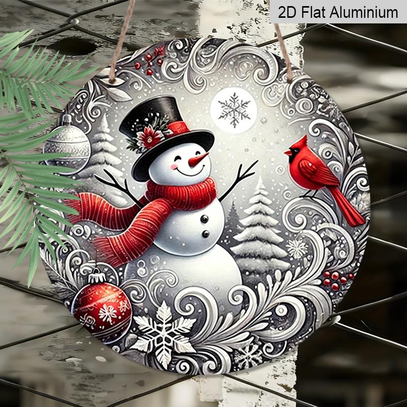2D Flat, 1pc Winter Round Aluminum Sign, Snowman Round Wall Decor with Red Bird Rustic Metal Wall Art, Festive Metal Wall Art Decor, Wall Decor Signs