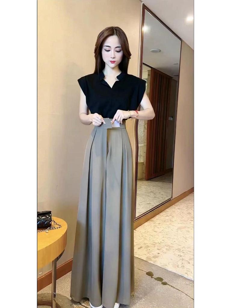 2026 Summer Elegant Stand Collar Cap Sleeve Top & Wide Leg Pants Set
